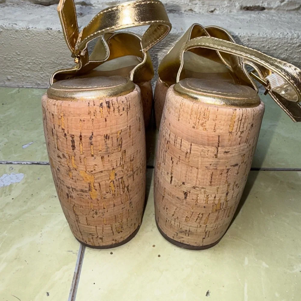 Schutz‎ Gold Platform Sandals Cork Block Heel Disco Glam Boho- 7.5